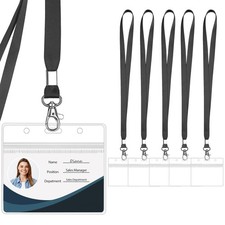 Clear ID Badge Holder with Lanyard Water Proof Horizontal Black - 6pcs