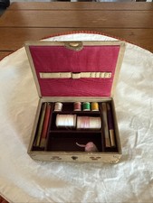 Vintage Small Sewing Kit leather, lined Wooden & paper wound spools pin cushion