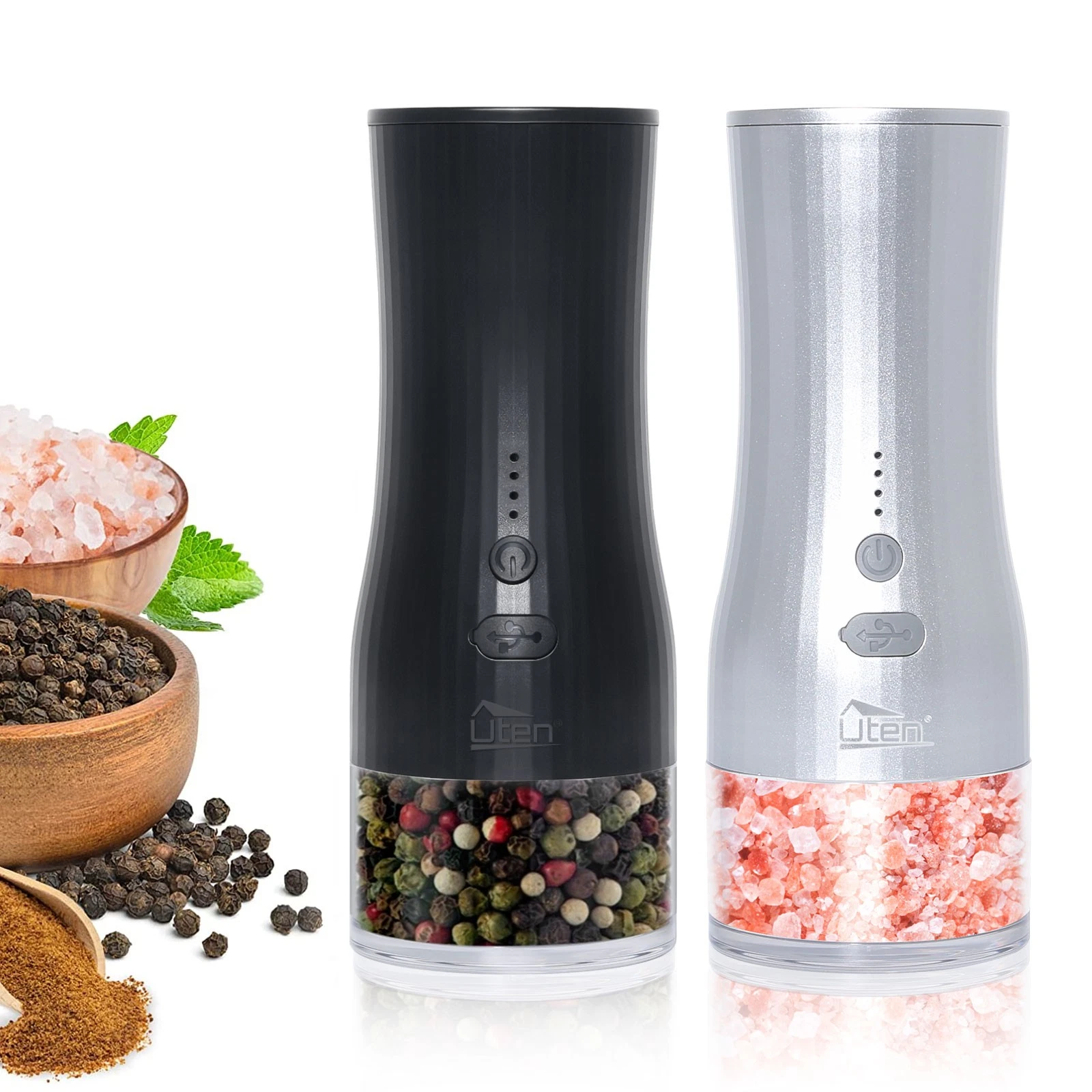 Rechargeable Electric Salt & Pepper Mills with LED USB Adjustable Coarseness
