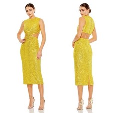 IEENA FOR MAC DUGGAL Yellow Sequin Front Twist Cut Out Sheath Dress Size 4 NWT