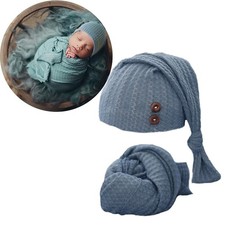 Newborn Photography Wrap Long Tail Hat Blue Crochet Outfit Prop Boy Girl