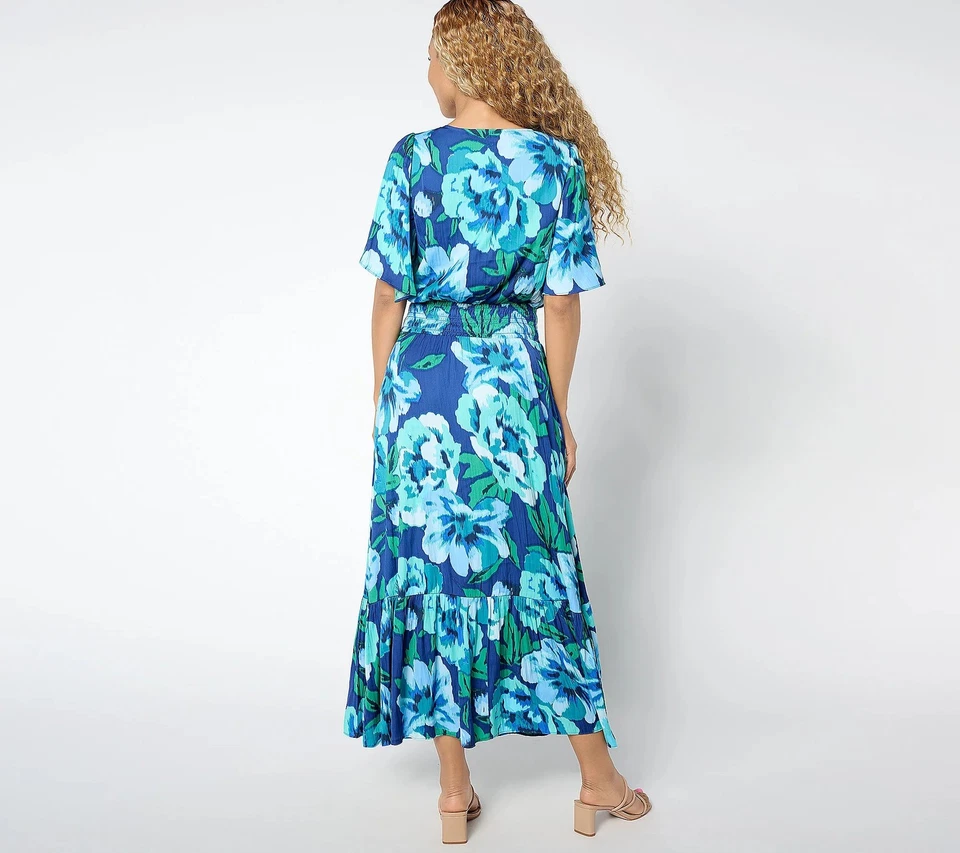 Isaac Mizrahi Live! Maxi Vestido Petite Fluido Arrugado Satinado Azul Marino Floral XL Nuevo Foto 2 de 4