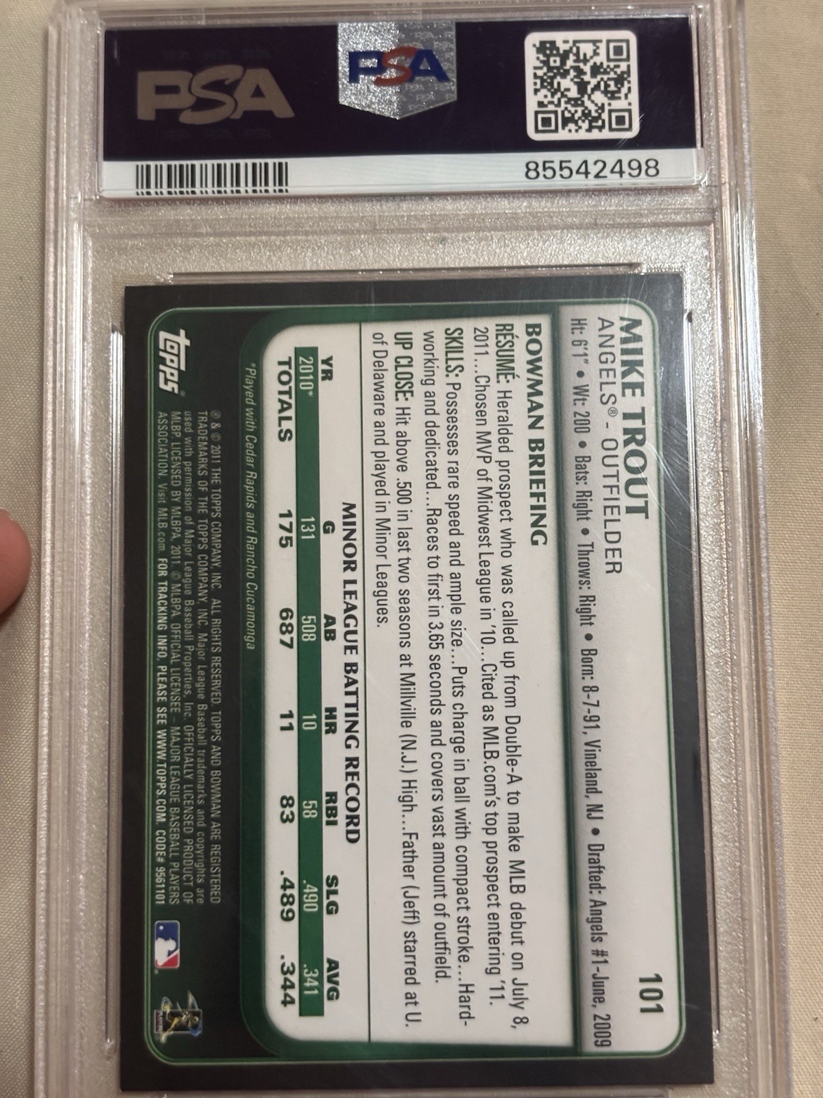 2011 Bowman Draft Picks & Prospects Mike Trout #101 PSA 8 view 2