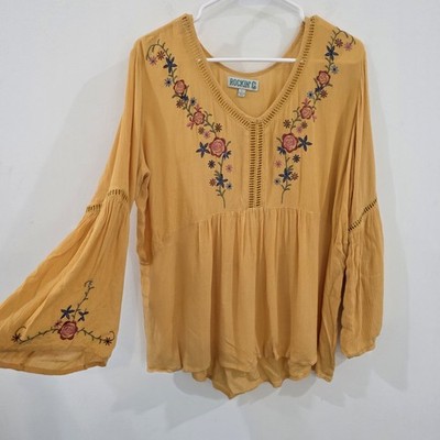 Rockin C Womens Flare Sleeve Top Size Large Yellow Floral Embroidered Fairy Boho