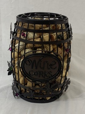 Wine Cork Barrel 9.5'' x 7'' Decor Cage Storage Holder FULL OF CORKS!