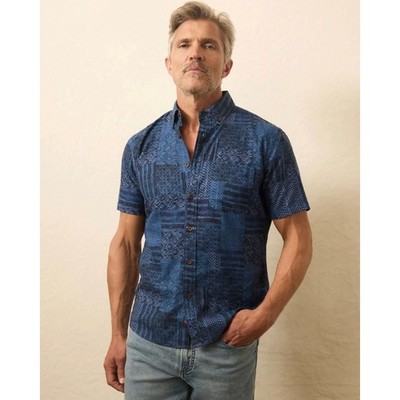 Faherty Short Sleeve Breeze Shirt Harbor Blues Patchwork Linen Blend