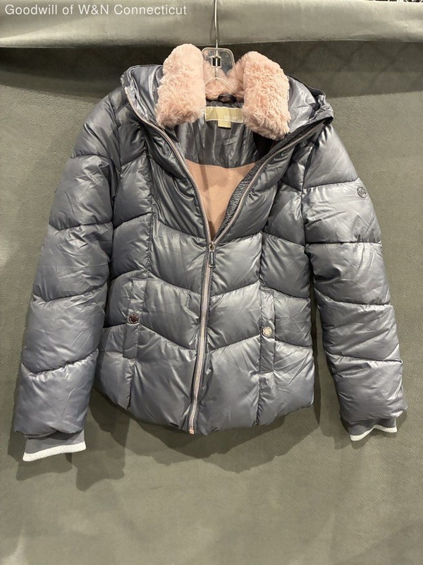 Michael Kors Girls' Grey Hooded Puffer Jacket Pink Fleece Faux Fur Lining Size14