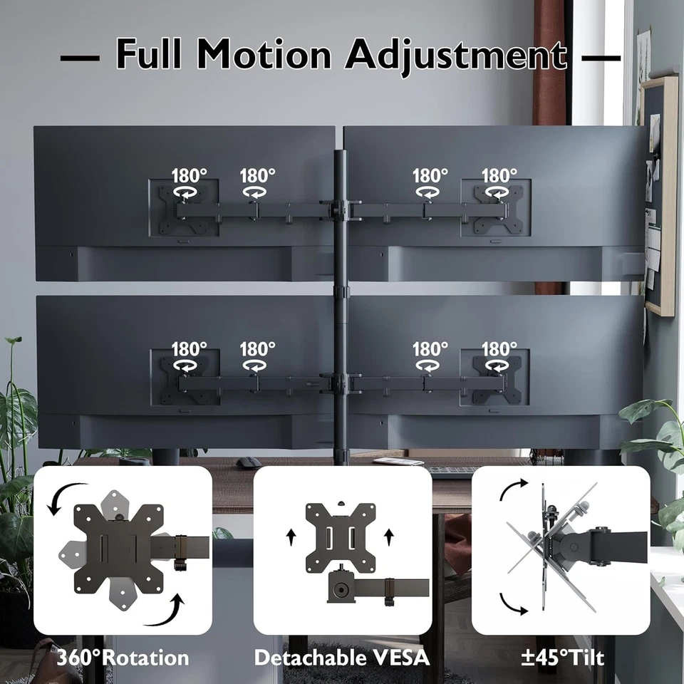 Quad Monitor Stand 13-27" Adjustable Full Motion Arm Mount VESA 75x75 100x100 - Image 2 of 4