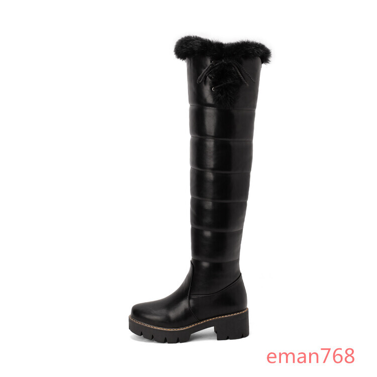 Winter Over the Knee Women Snow Boots High Block Heels Fur