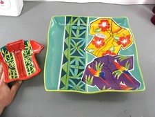 CLAY ART 🦜 TROPICAL HAWAIIAN SHIRT CHIP & DIP SNACK SERVING PARTY TRAY 2pc SET