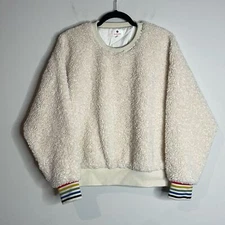 Sundry Women’s Beige Sherpa Sweatshirt Rainbow Stripe Cuffs Size Small