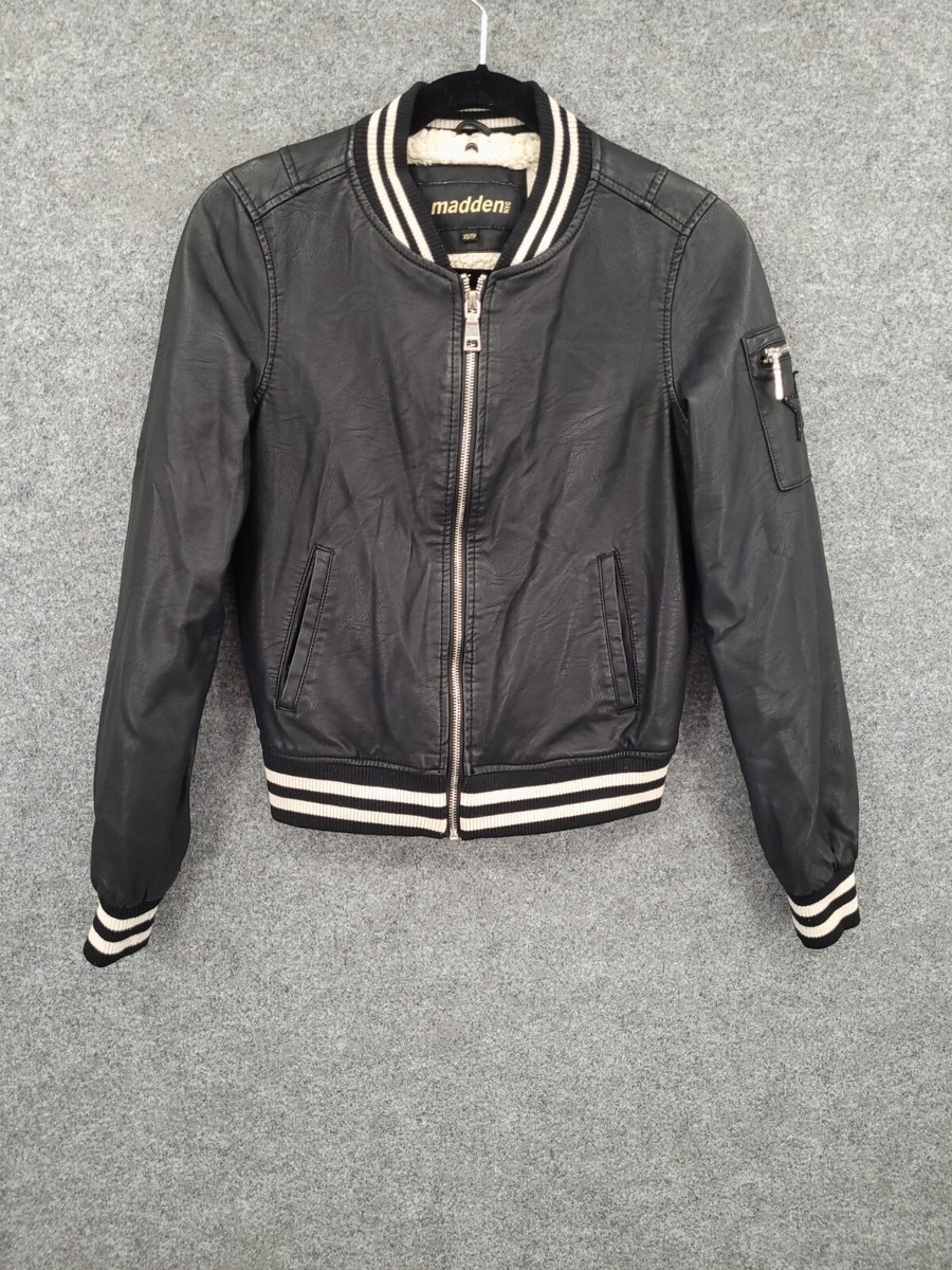 Madden NYC Vegan Leather Varsity Jacket Womens XS Full Zip Sherpa