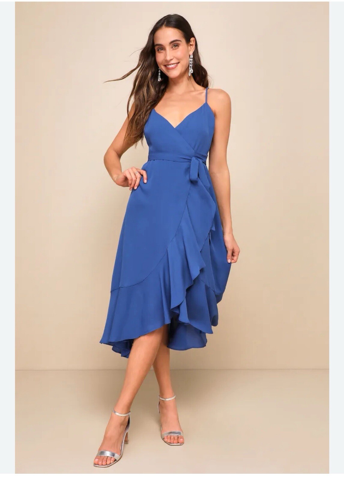 Lulus Manhattan Moment Blue Ruffled Midi Wrap Dress Blue Size Medium NWT