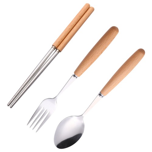 Wooden Handle Fork Spoon Chopsticks Stainless Steel Travel Student - Picture 7 of 12