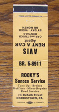 ROCKY'S SUNOCO GAS STATION MATCHBOOK COVER: NORRISTOWN, PA 1960s MATCHCOVER -B23