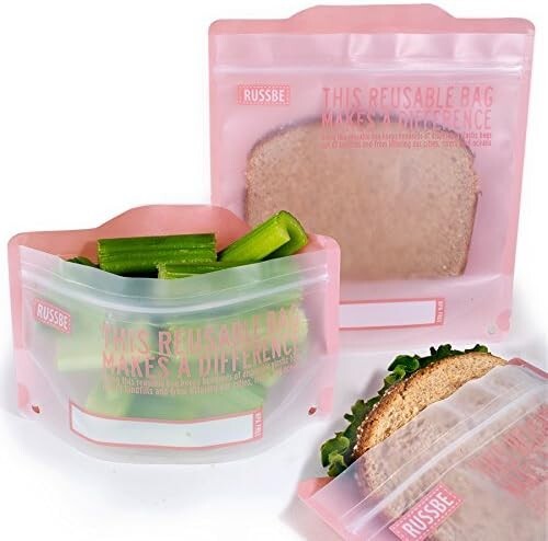 Russbe Lunch Systems, Reusable Snack and Sandwich Bags, Set of 4- Pink Statement