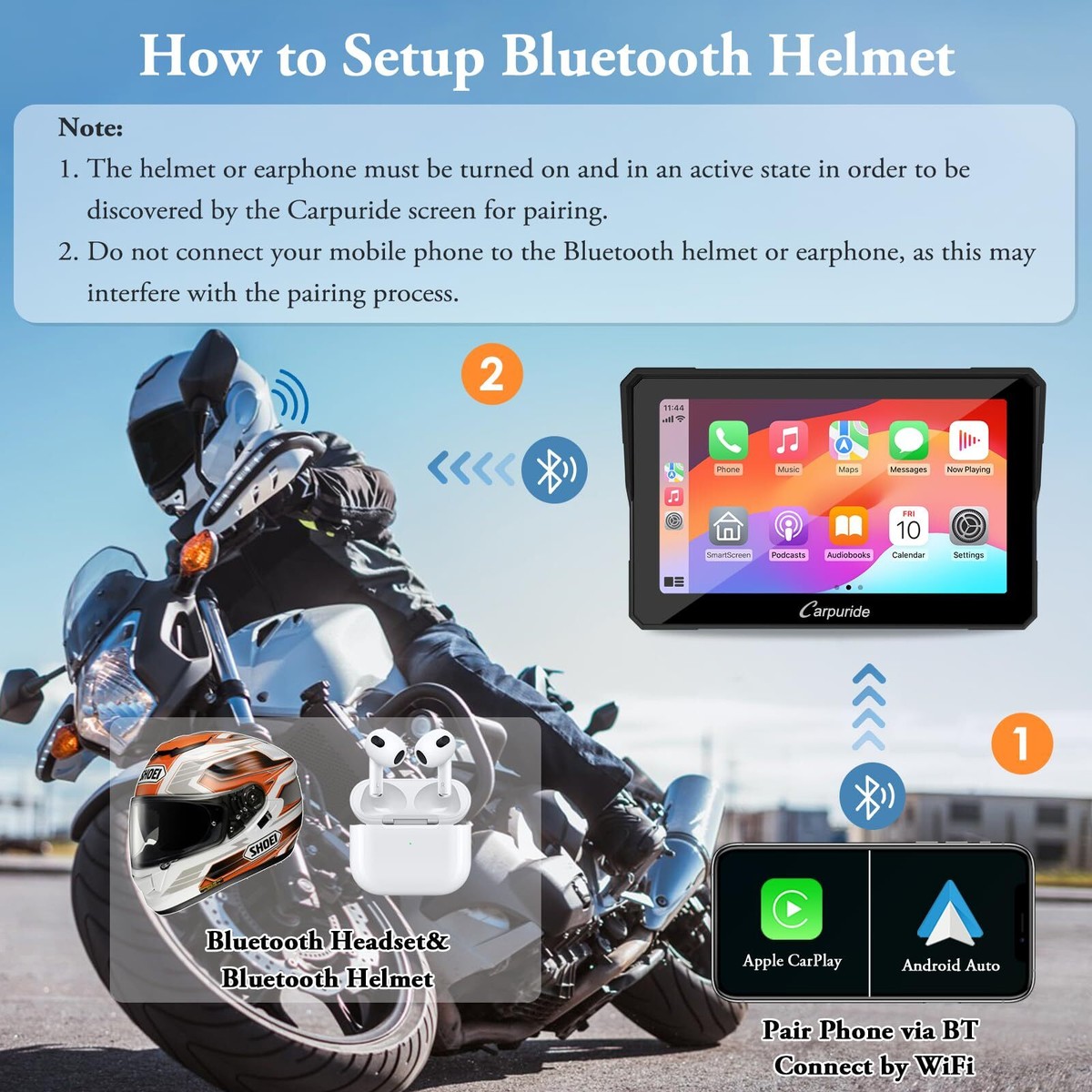 Écran Moto Carpuride W702 Pro Avec CarPlay Et Android Auto Sans Fil - 7 Pouces étanche IP67, GPS, Interphone Et Bluetooth Double - 4