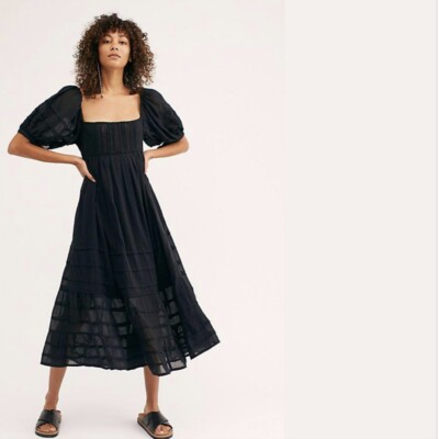 black midi straight dress Black TIE MUSE WOVEN MIDI DRESS L FREEMARKET Black / L