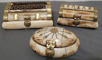 Set of 3 Handmade Camel Bone & Brass Trinket Boxes BoHo Stunning Detail