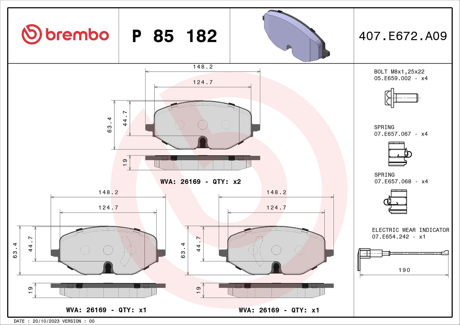 Front BREMBO P 85 182X Brake Pad Set, disc brake for AUDI,CUPRA,FORD,SEAT,SKODA,