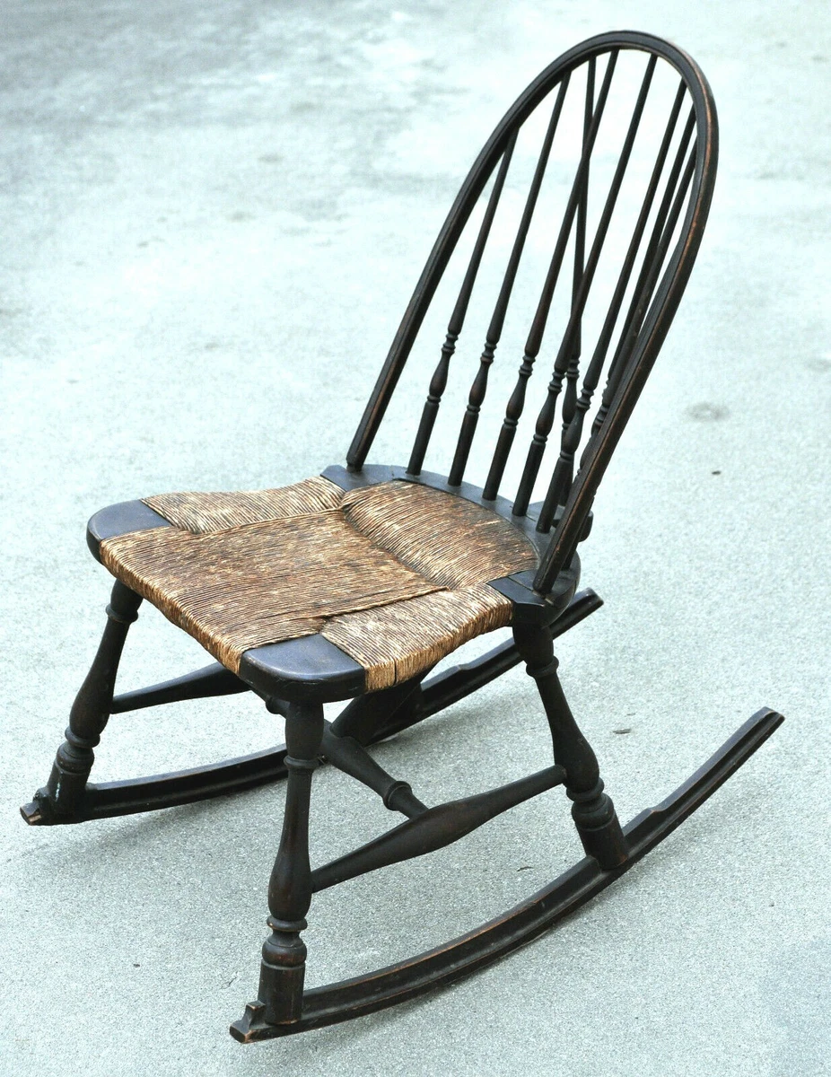 Antique Wooden Nursing Rocking Chair w Wicker Seat Spindles