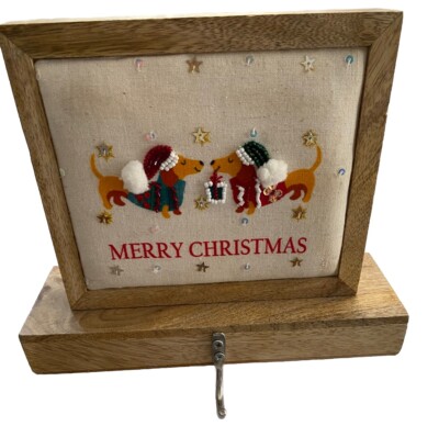 Dachshund Dogs Beaded Fabric Art Christmas Stocking Hanger Solid Weighted Wood