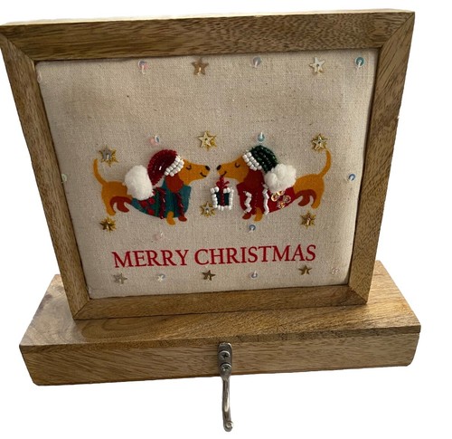 Dachshund Dogs Beaded Fabric Art Christmas Stocking Hanger Solid Weighted Wood - 第 1/6 張圖片