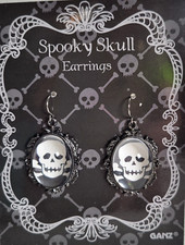 Gothic Skull & Bones Earrings 2" Dangle Drop Black Crystal Glass Cameo