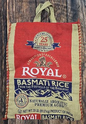 Royal Basmati Rice Bag 20lbs Burlap Handles Zipper Heavy Duty 25th Anniv No Rice