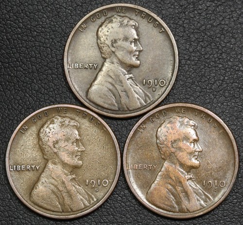 Lot of 3x 1910 S Lincoln Wheat Copper Cents 1C