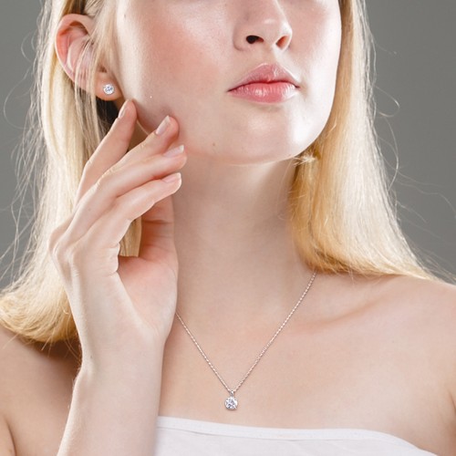 Amour Silver Created White Sapphire Solitaire Stud Earrings, Pendant & Chain Set - Picture 5 of 6