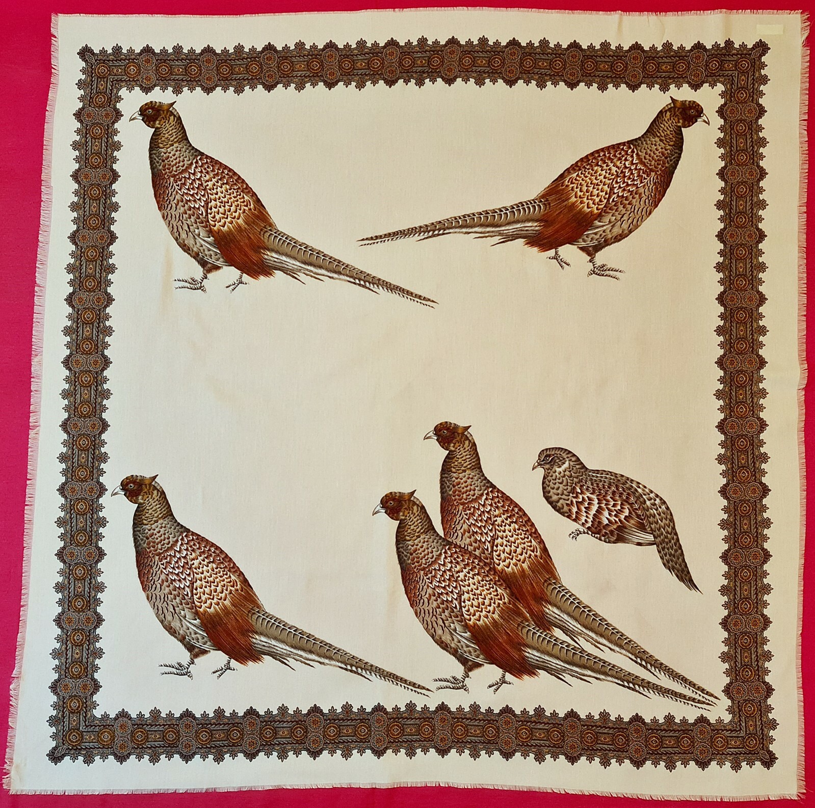 Authentic Vintage Italy Scarf Animal Art Pheasants White Gray Brown 46