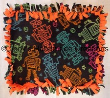 HANDMADE BABY / PET MINI FLEECE TIED SECURITY BLANKET - ROBOTS / ORANGE 13 X 16