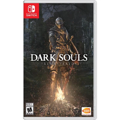 Dark Souls Remastered Switch cover with armored figure, glowing chest, and Nintendo Switch logo.