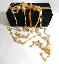 CATHOLIC ROSARY BEADS HANDMADE SPIRITUALITY/ PEARL BEADS GOLD