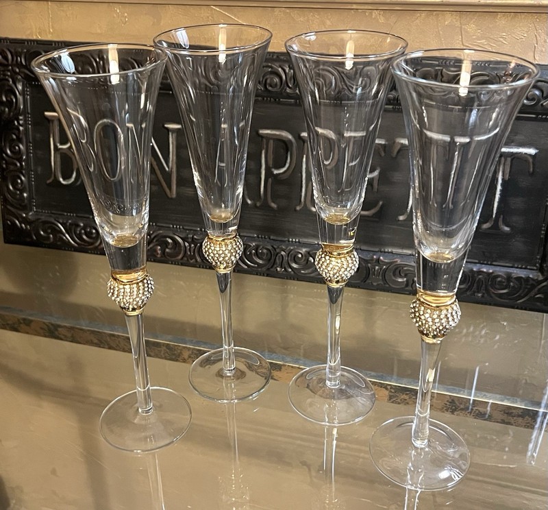 4 CLEAR Champagne Flute Crystal  Glass with Studded Rhinestones Gold Set