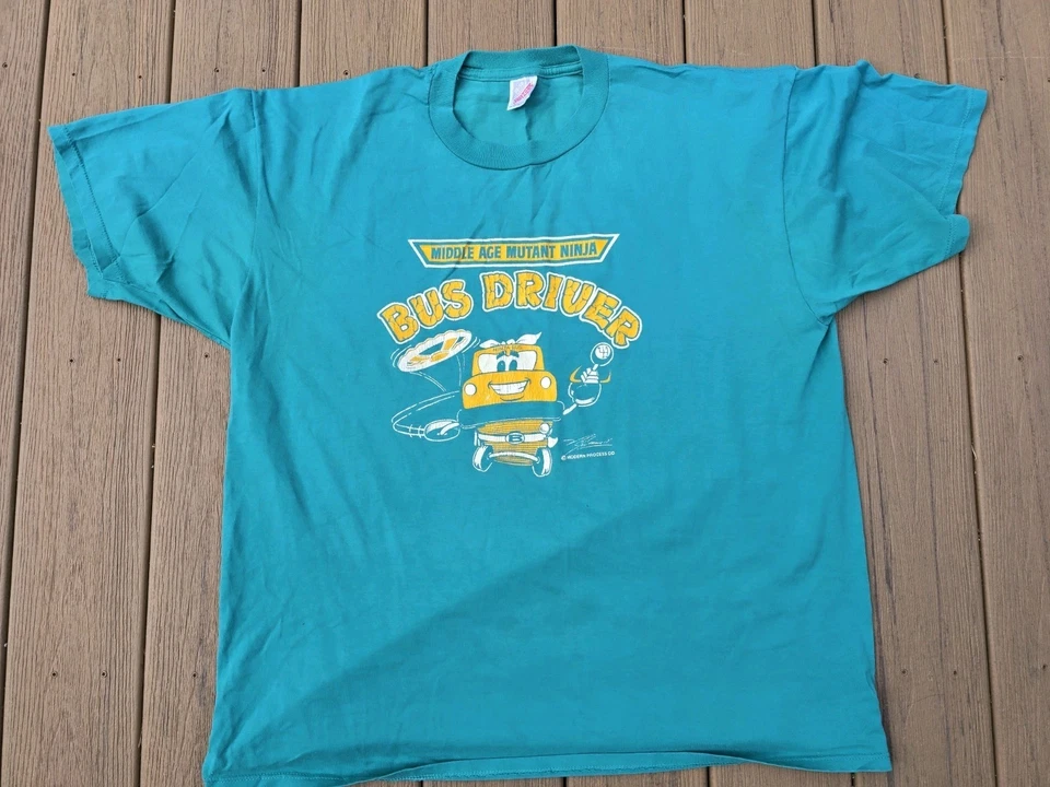 Vintage Single Stitch Jerzees TShirt Green Made USA 2XL Funny School Bus Driver - Image 2 of 4