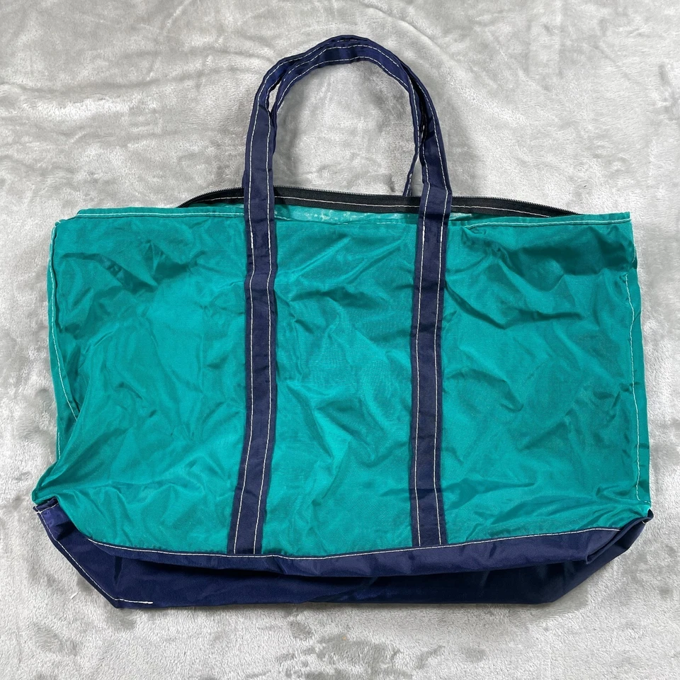 Bolso de Mano y Barco LL Bean Vintage Grande Azul Verde Nylon Años 80 90 Bolsillos Raro Foto 4 de 4