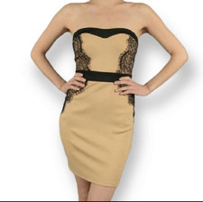 PAULNKC TAN & BLACK STRAPLESS SOFIA LACE TRIM SCUBA TUBE DRESS SZ.M GUC