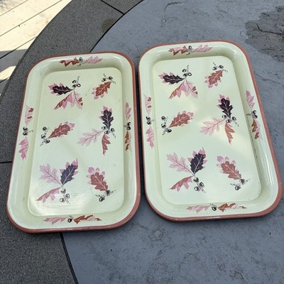 VTG Oak Leaf Autumn MCM Cream Pink Brown Metal Serving Tray Decor LOT OF 2