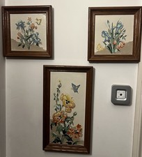 Set of 3 Framed Floral Paintings – Vintage Style Botanical Wall Art