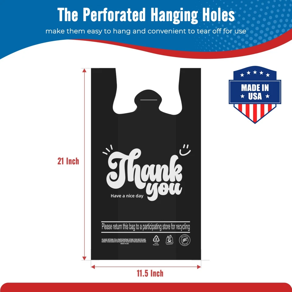 1000 Black Thank You T-Shirt Bags 12" x 6.5" x 21" Plastic Grocery Shopping Bags - Image 2 of 4