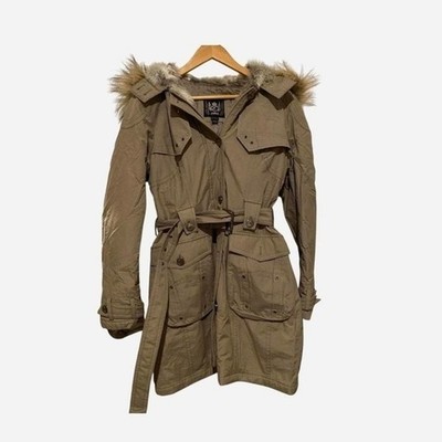 Esprit Parka Jacket Women Large Khaki Tan Excellent Belted Faux Fur Hood Utility