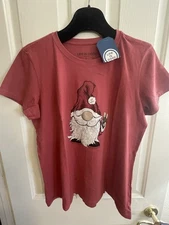NWT Life Is Good Crusher Ladies Burgundy Short Sleeve Graphic T Gnome Santa Sz L