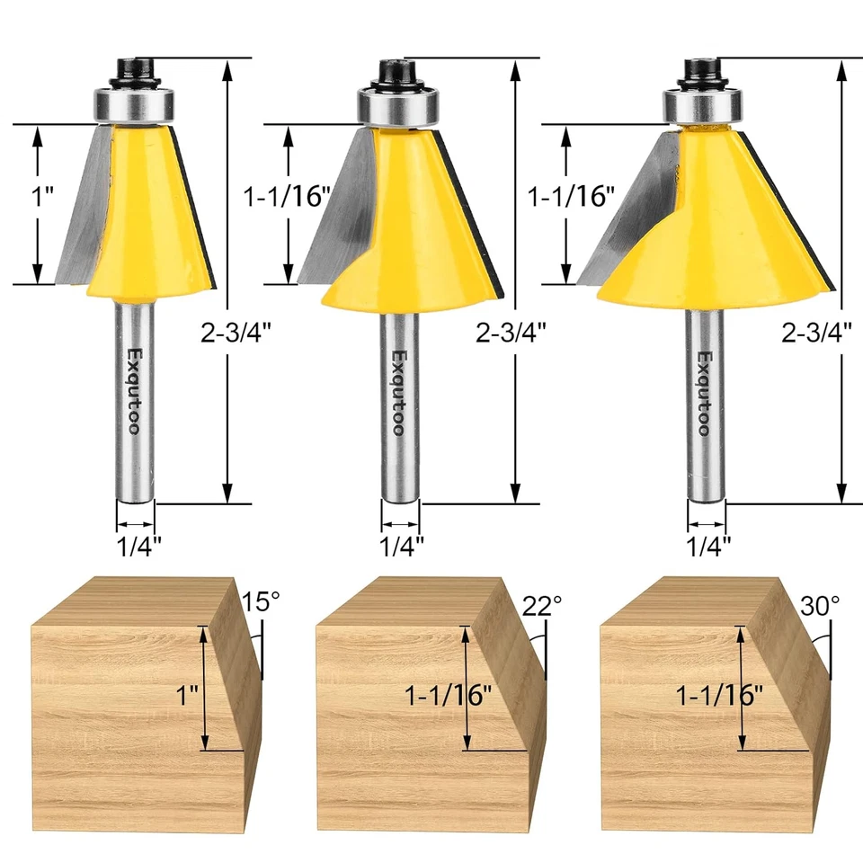 3 Piece Chamfer Router Bit Set Kit, 1/4" Shank, 15, 22.5, 30 Degree Cutting Angl - Image 2 of 4