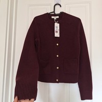 M&S Burgundy Cardigan XS Womens Button Front Knit Sweater Gold Button Pockets