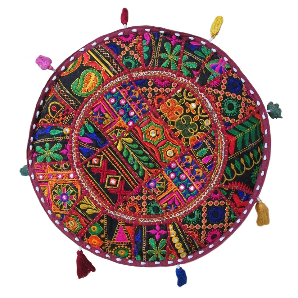 18" Indian Ottoman Pouf Cover Vintage Patchwork Cotton Ethnic Handmade Round - Image 3 of 4