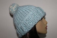 Chunky Hand Knit Unisex Glacier Light Blue Pom Pom Beanie Hat