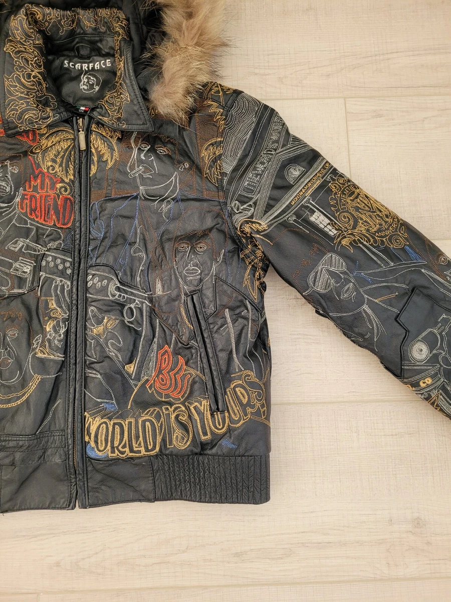 Vintage SCARFACE Leather Jacket Embroidered Hooded w/Fur Trim RARE, Men's Sz X