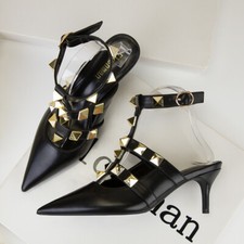 Pointy Studded Slingbacks Rivet Cut Out Sandals Dress Heels Women Shoes 34-41